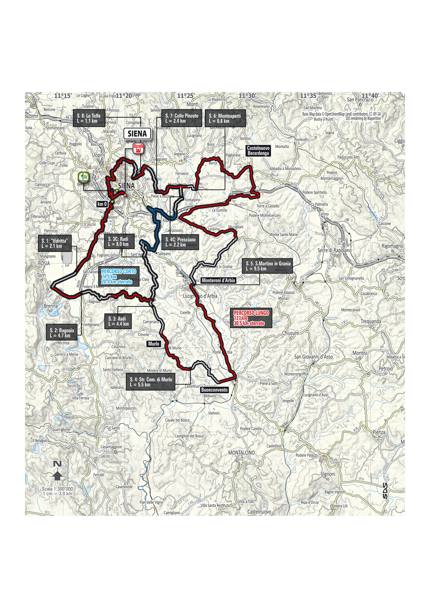 Le planimetrie dei due percorsi della Gran Fondo Strade Bianche. Percorso lungo 127 km e otto tratti di Strade Bianche; percorso corso 74,5 km e sei tratti di Strade Bianche. Si corre il 5 marzo 2017